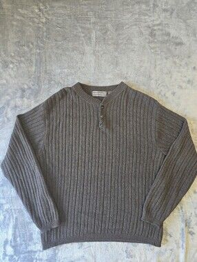 Vintage David Taylor Ribbed Knit Henley Sweater Size Large Made In USA Brown